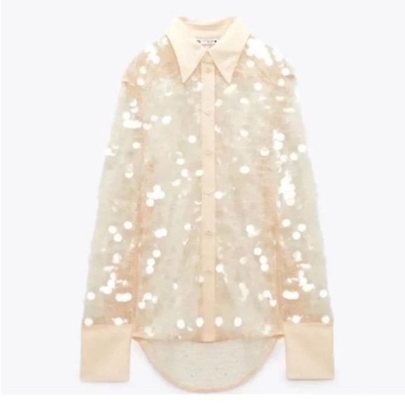 Zara Sequin Button Down semi sheer Cream Shirt Top sz.M - Picture 16 of 16
